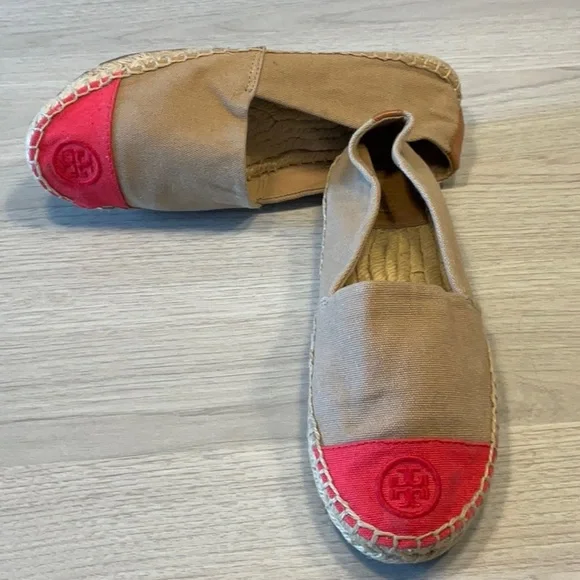 Tory Burch Color Block Espadrille Flat Canvas Tan Red- Size 7 Medium - Picture 2 of 16